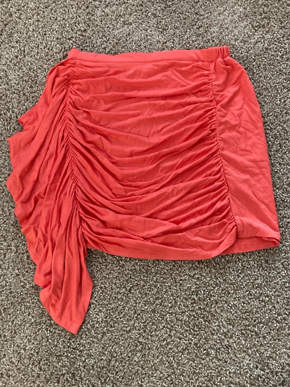 SO’s Cute and Casual Coral Ruched Draped Mini Skirt w/ Accent Side Ruffle, sz. M
